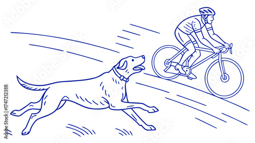 Dog Chasing Cyclist on Trail, Outdoor Environment, Illustration, Dynamic View
