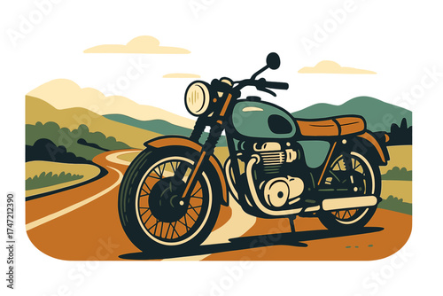 A classic motorcycle cruising along a picturesque road, embodying adventure and freedom