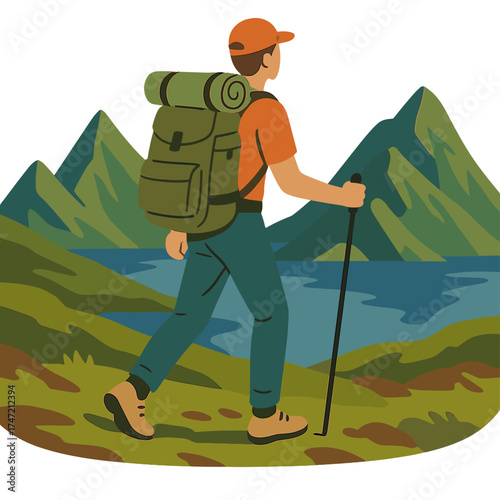 A solo male hiker exploring the Lofoten Islands in Norway, traveling on a backpacking adventure with an active, healthy lifestyle during summer vacations