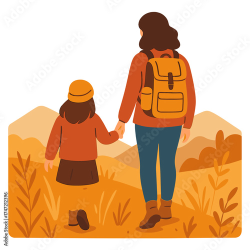 A mother and her child stroll through autumn grass, enjoying nature together on a mountain vacation, celebrating World Tourism Day from a rear perspective
