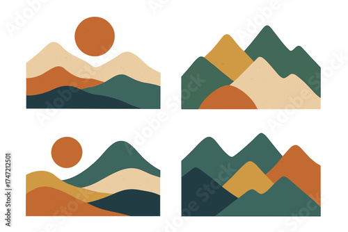 A trendy collection of contemporary mountain landscape art set against a vintage background template