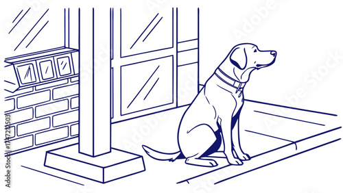 Dog Waiting Outside Grocery Store - Vector Illustration - Urban Environment