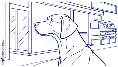 Dog Observing Storefront in Urban Setting, Illustration, Calm Environment, Profile View