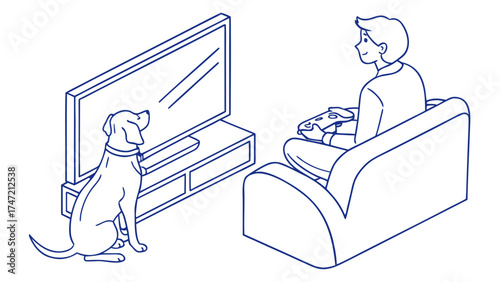 Dog Watching TV with Owner on Sofa in Cozy Living Room - Heartwarming Lifestyle Illustration