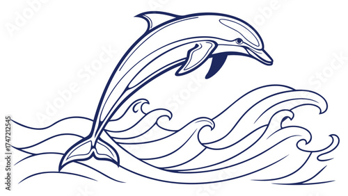 Dolphin Leaping Above Ocean Waves - Vector Illustration - Marine Life Concept - Aquatic Environment
