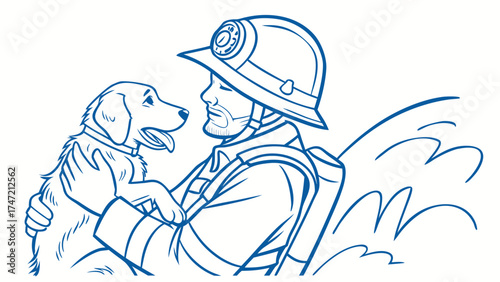 Firefighter Embracing Dog, Outdoor Scene, Illustration, Heroic Moment