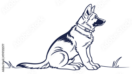 Illustration of a German Shepherd Dog Sitting in a Field, Vector Art, Calm Environment