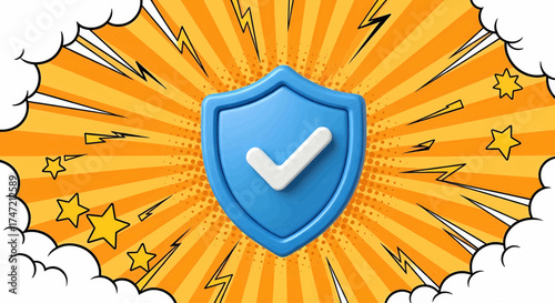 3d blue shield icon for cyber security and data protection, a checkmark security emblem on a pop art background