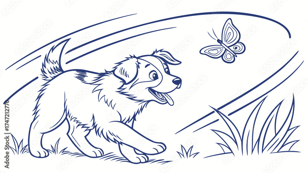 Obraz premium Playful Puppy Chasing Butterfly in Nature - Illustrated Cartoon Scene
