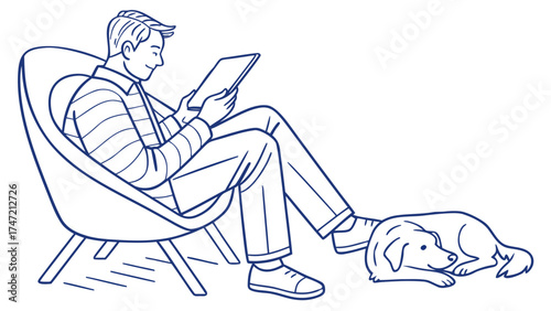 Relaxing Man with Dog Reading Tablet at Home in Cozy Living Room