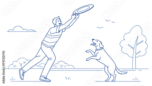Action-Packed Frisbee Play, Dog and Owner, Park, Illustration, Outdoor, Side View, Joyful Experience