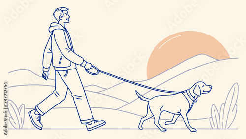Man Walking Dog in Sunset Mountains, Vector Illustration, Peaceful Nature Scene, Outdoor Lifestyle