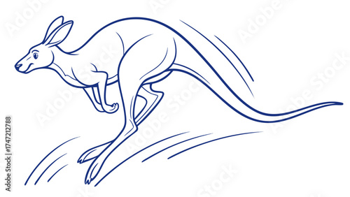 Dynamic Action of a Kangaroo Leaping in Nature - Blue Line Vector Illustration