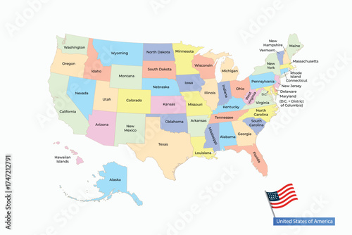 Cartographic masterpiece of the United States with each state individually rendered in distinct pastel hues and precisely delineated borders, featuring national emblem placement 