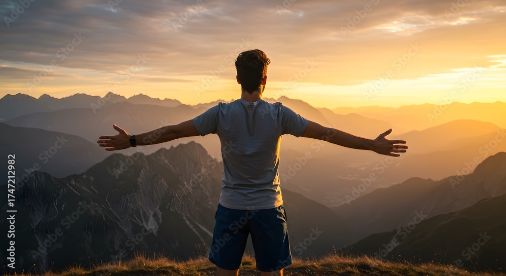 Fototapeta premium A man stands on a mountain peak, arms outstretched, facing a stunning sunset. Golden light illuminates distant ranges, evoking freedom and triumph.