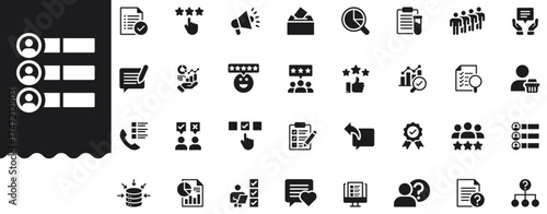 Feedback and Survey solid icon set features review, poll, opinion, research, analysis, customer satisfaction, report, checklist, stars, choice, quality symbols. Professional minimal vector collection.