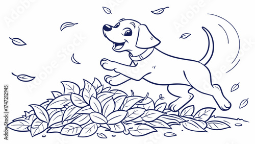 Playful Puppy Jumping into Leaf Pile, Fun Nature Scene, Illustration, Cheerful Environment, Joyful Viewpoint