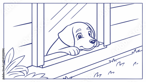 Playful Puppy Gazes from Window in Cozy Home, Illustration, Whimsical, Indoor, Adorable Perspective