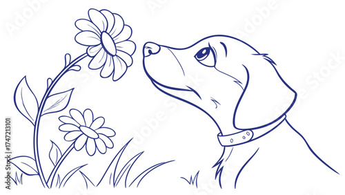 Playful Puppy Sniffing Flower in Nature, Illustration, Cheerful Environment, Close-Up View, Whimsical Concept