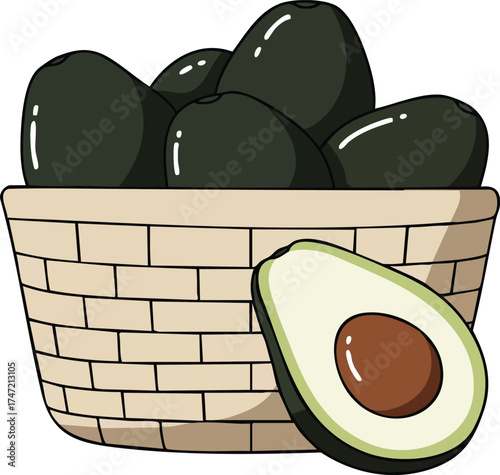 Basket of fresh whole and halved avocados with green skin and brown seed vector illustration 