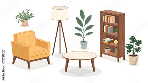 Minimal Household Items Game Asset Pack on White Background lamp, chair, table, sofa, plant pot, bookshelf – clean flat design, soft shadows