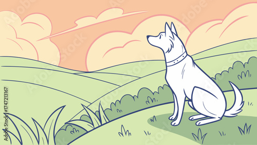 Shepherd Mix Puppy Observing Nature at Sunset - Vector Illustration of a Loyal Companion