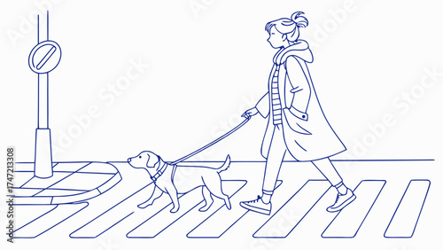 Woman Walking Dog Across Crosswalk in Urban Environment, Illustration Style, Lifestyle Concept