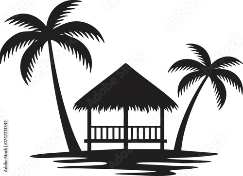 Tropical hut with palm trees silhouette vector illustration of beach shelter and nature scene