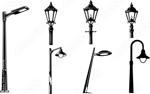 Street lamp, Street lamp silhouette, Streetlight, Streetlight silhouette, Old street lamp silhouette, Old street lamp, Street lamp vectors
