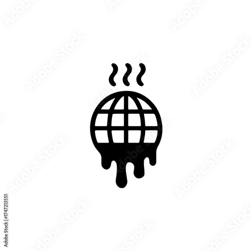Black vector icon of a melting globe with heat waves, illustrating global warming and climate crisis. Flat minimalist style on white background.