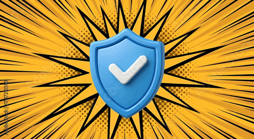 Cyber security concept with a 3D blue shield icon for data protection on a dynamic pop art comic burst background