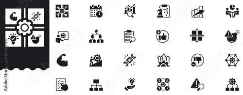 SWOT analysis and business strategy solid icon set. Features strength, weakness, opportunity and threat symbols. Professional vector collection.