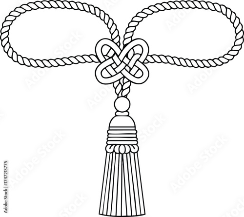 Decorative rope knot with tassel vector illustration for design and craft projects detailed black and white line art 