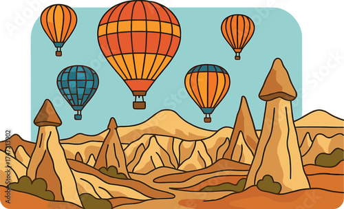 Hot air balloons drift above the breathtaking landscapes of Cappadocia, Turkey