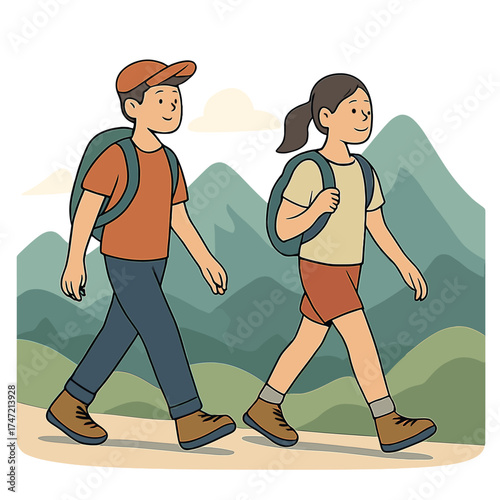 Young hikers carrying small backpacks trek through the mountains