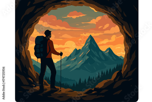 A bold male hiker stands in a cave against a backdrop of rocky mountains, depicted in a composite 3D rendering of a peak, captured as an aerial view of British Columbia, Canada, at sunset under a