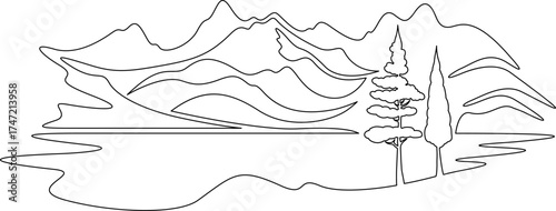 Continuous single line drawing Mountain valley. Lake among the mountains. Trees on the bank of a reservoir. Linear design. One continuous line isolated minimalist illustration. Not AI.