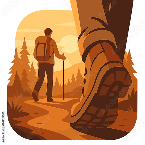 Hikers trekking through the forest at sunset, with a rear view of a hiker’s shoe, leaving room for text