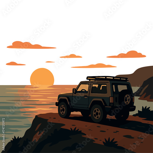 A rugged 4x4 SUV is parked on a cliff overlooking the ocean at sunset, offering a scenic view for a travel adventure road trip