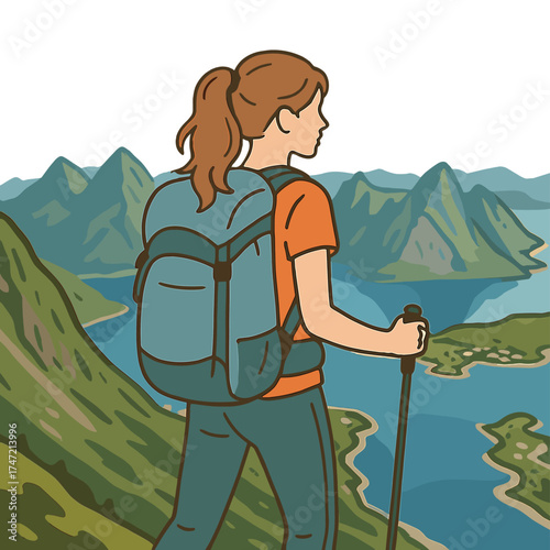 A solo woman backpacker hikes the Lofoten Islands, enjoying aerial views and embracing a healthy, active summer adventure in Norway