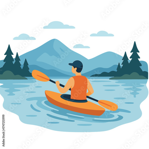A calm lake hosts a kayaking adventure for a summer travel trip, where a person paddles through the river, enjoying exercise, vacation, or holiday rafting and boat activities amidst mountains
