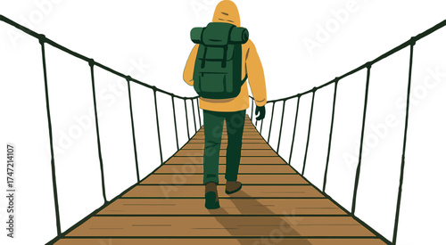 A lone traveler wearing a yellow jacket traverses a suspension bridge through a thick forest, embodying adventure and exploration