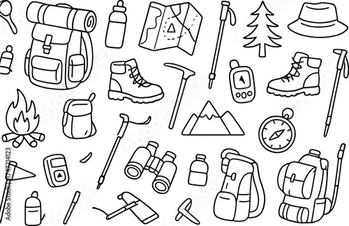 A white seamless vector doodle sketch pattern featuring trekking and hiking elements, ideal for textiles, wallpaper, and trekking brochures