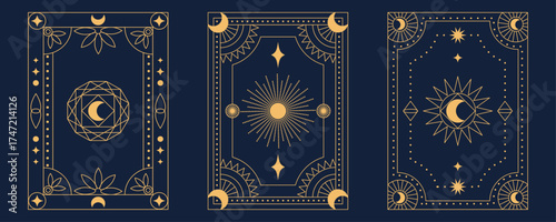 Collection Of Mystical Celestial Designs For Tarot Card Backs Featuring Sun, Moon, And Stars In Ornate Gold Frames On Dark Blue Background