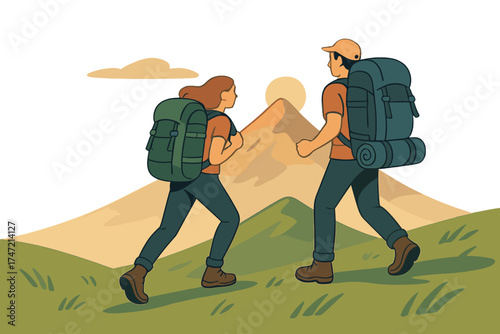 A couple carrying camping backpacks strolls toward the mountain peak in slow motion