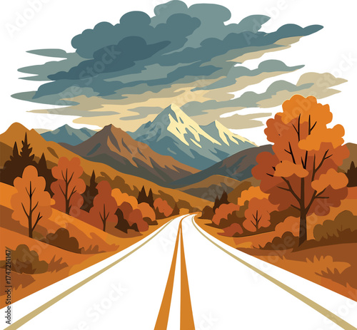 Autumn scenery of the Altai mountains, featuring an open highway and dramatic sky, ideal for travel and adventure design