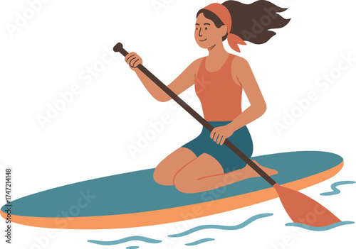 Adventure travel: a woman paddles on a surfing board, enjoying recreational water sports