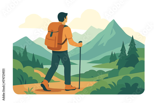 A man traverses mountainous terrain, enjoying the scenic view as he hikes