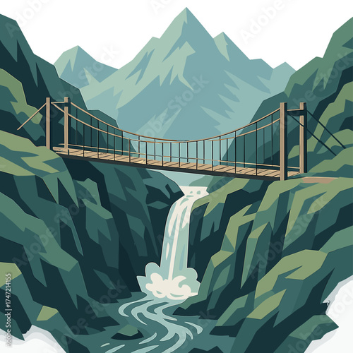 A drone captures a close‑up aerial view of a charming old wooden suspension bridge spanning rugged mountain rocks and a waterfall river, reflecting Scandinavian or northern hiking culture and a