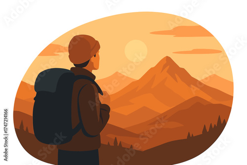 An unrecognizable traveler admires the mountains at sunset